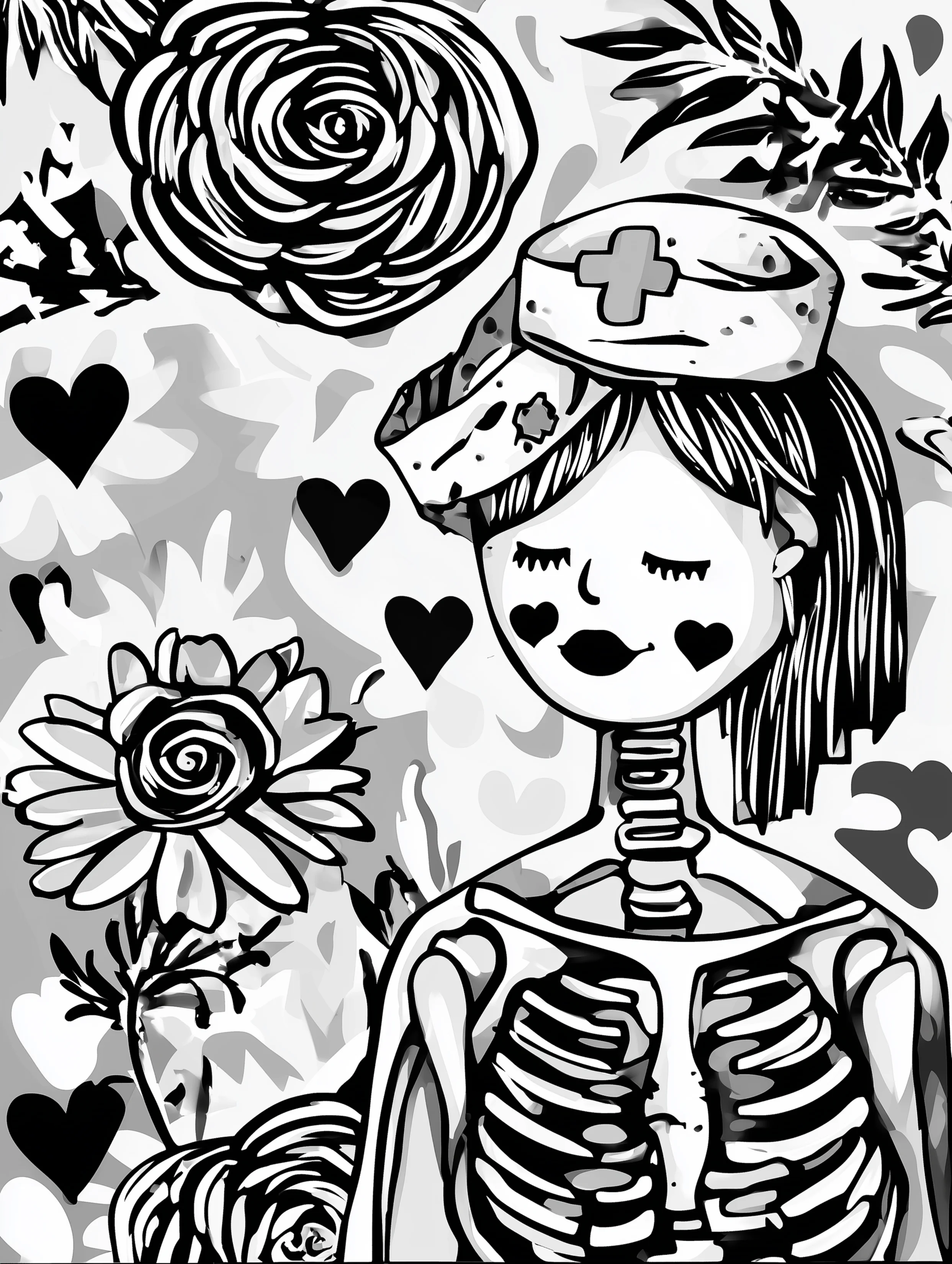 Free printable nursing coloring page for adults featuring a nurse wearing two hats